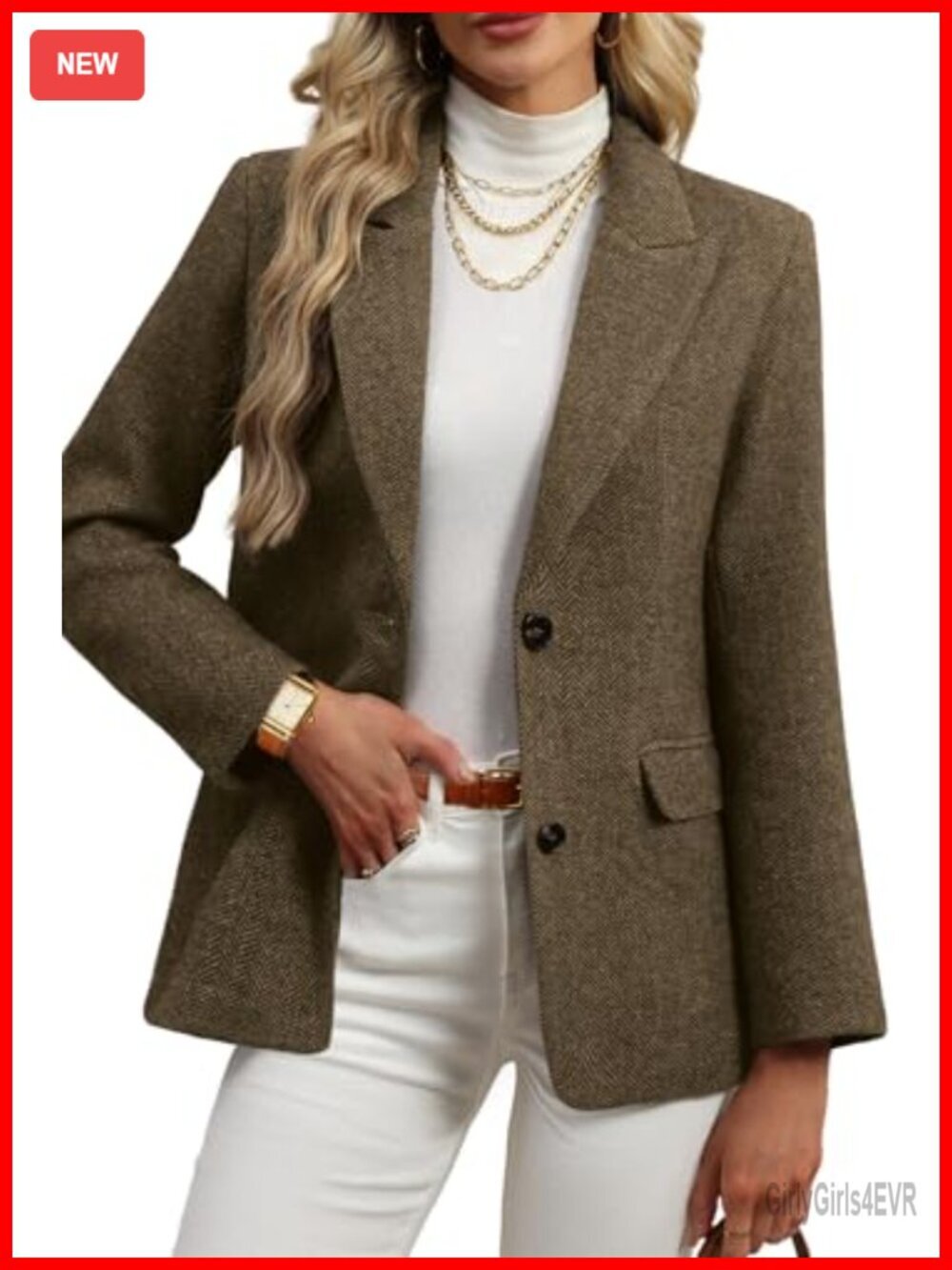 Wool Blend Tweed Herringbone Blazer Notch Lapel Oversize Business Casual